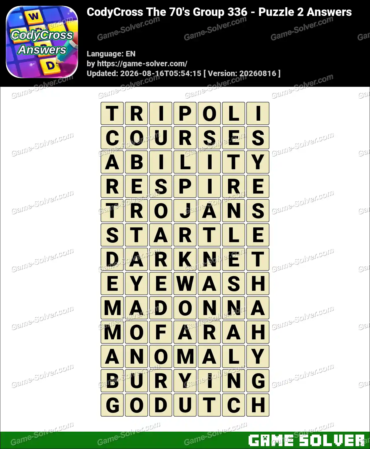 CodyCross The 70’s Group 336 – Puzzle 2 Answers